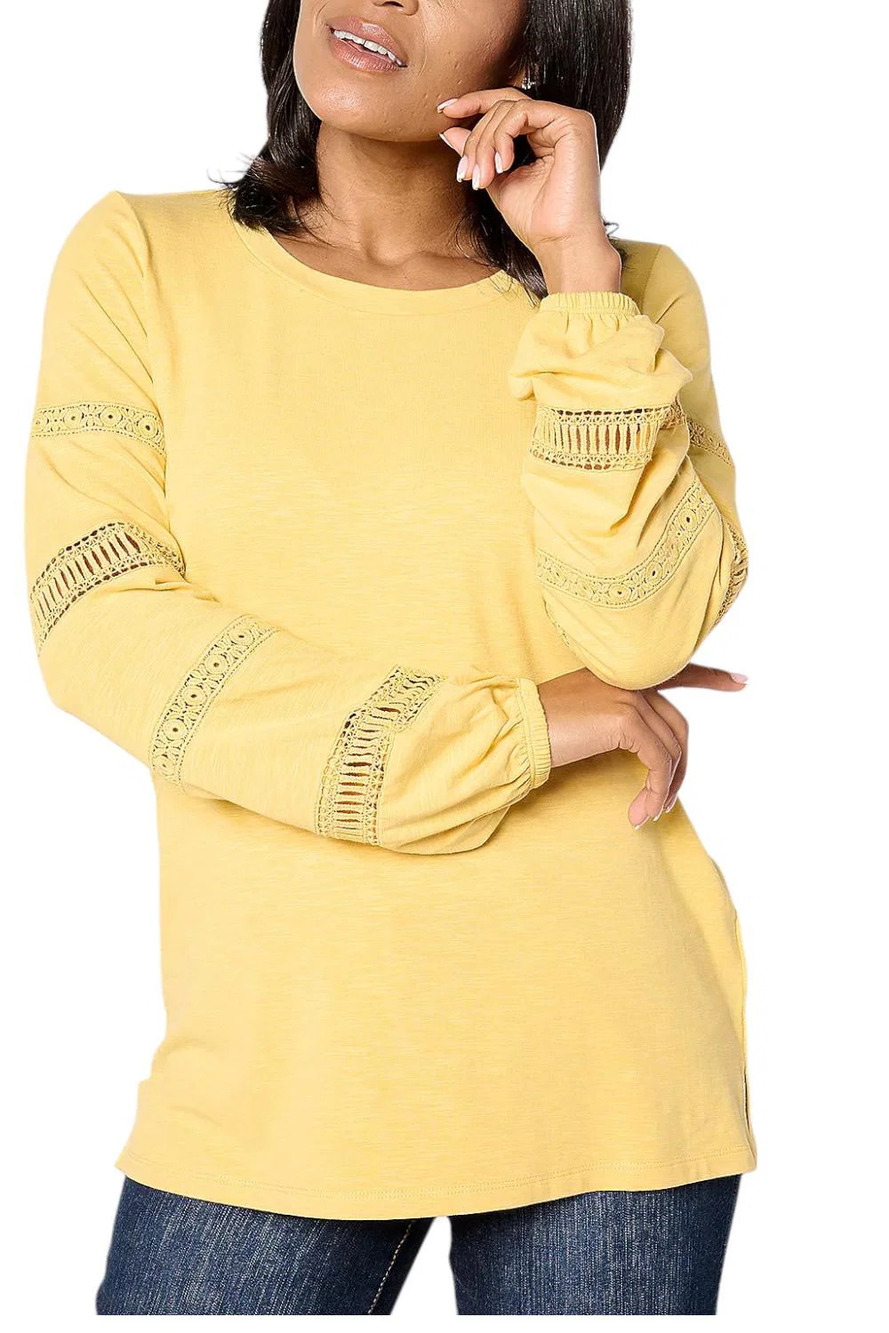 Belle Boho by Kim Gravel Women's Slub Top w/ Lace Trim Slv Ochre - Regular